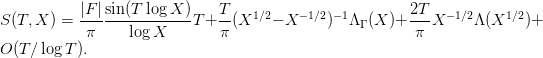 S(T,X)=\displaystyle\frac{|F|}{\pi}\frac{\sin(T\log X)}{\log X}T+\frac{T}{\pi}(X^{1/2}-X^{-1/2})^{-1}\Lambda_{\Gamma}(X)+\frac{2T}{\pi}X^{-1/2}\Lambda(X^{1/2})+O(T/\log T).